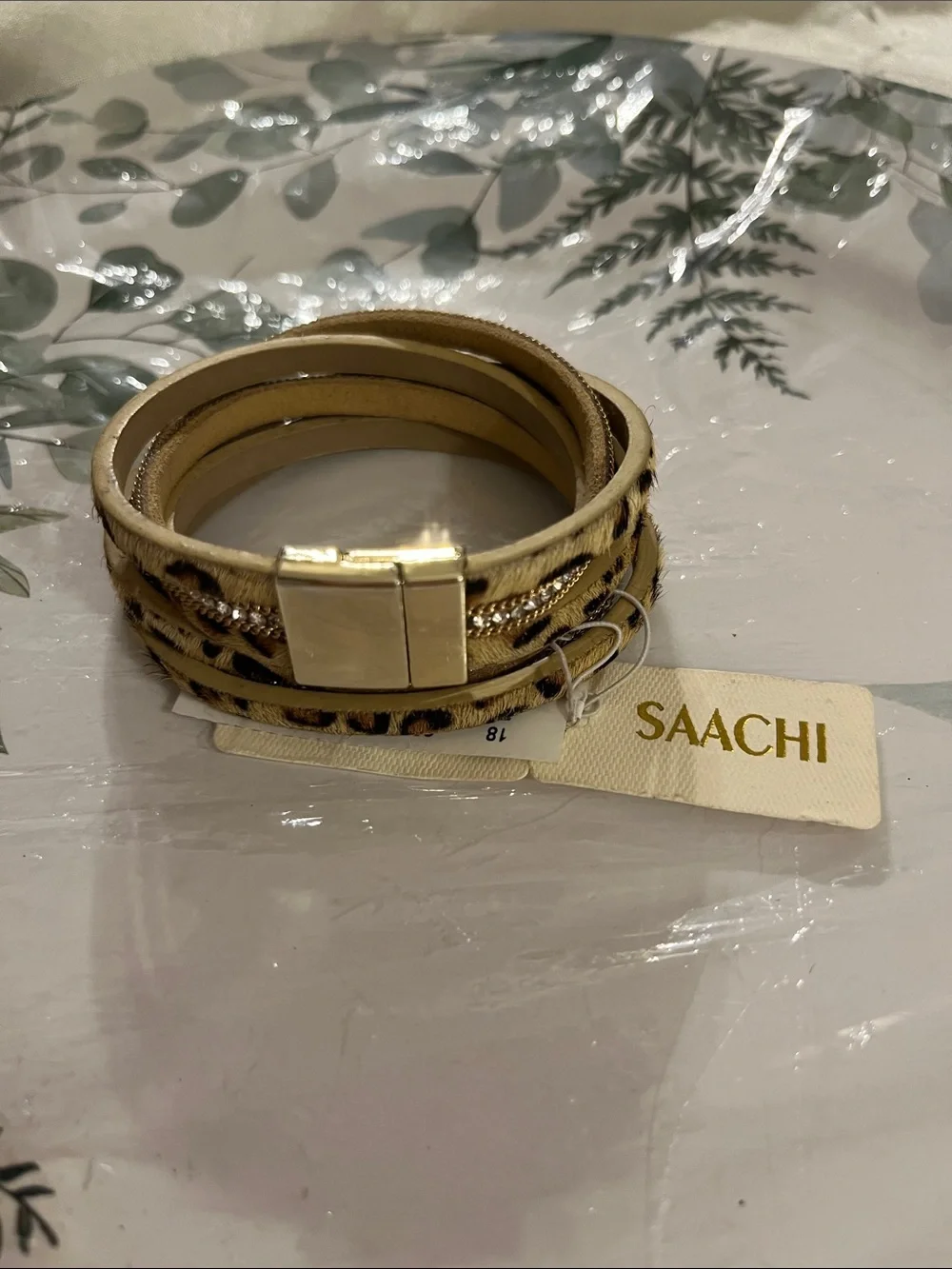 SAACHI Beige and Gold Leopard Print Wrap-Around Bracelet